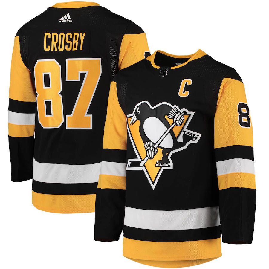 Men Pittsburgh Penguins 87 Sidney Crosby adidas Black Home Captain Patch Primegreen Authentic Pro Player NHL Jersey